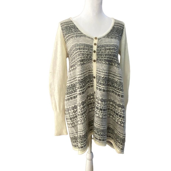 Free People Nordic Long Sleeve cream black gray Fair Isle Knit Tunic Sweater M - Picture 5 of 11